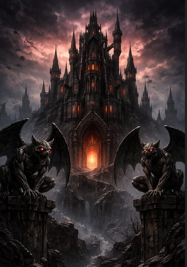Dark gothic fortress with gargoyle guardians and fiery gateway